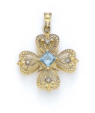 
14k Yellow Gold 5mm Square Blue Topaz Diamond Pendant
