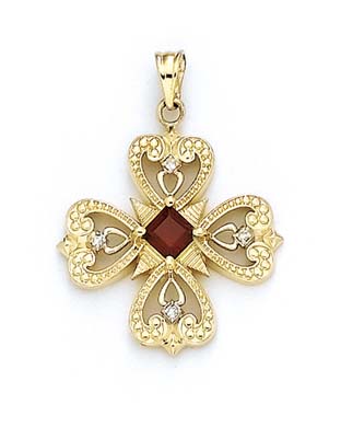 
14k Yellow Gold 5mm Square Garnet Diamond Pendant
