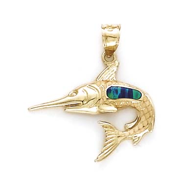 
14k Yellow Gold SwordFish Simulated Opal Pendant
