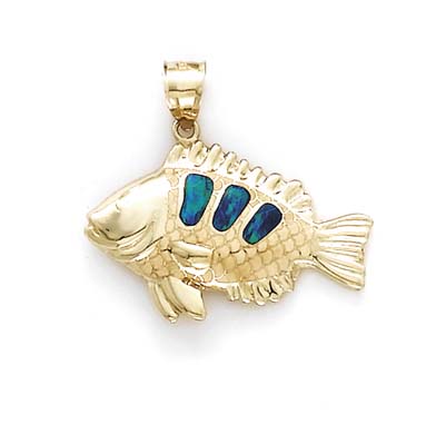 
14k Gold BlowFish Simulated Opal Inlay Pendant
