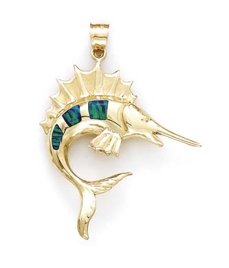 
14k Yellow Gold Large SwordFish Simulated Opal Pendant
