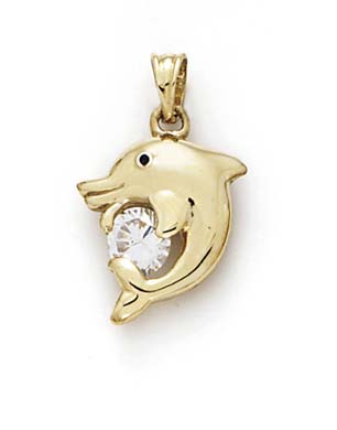 
14k Yellow Gold Dolphin Holding Cubic Zirconia Pendant
