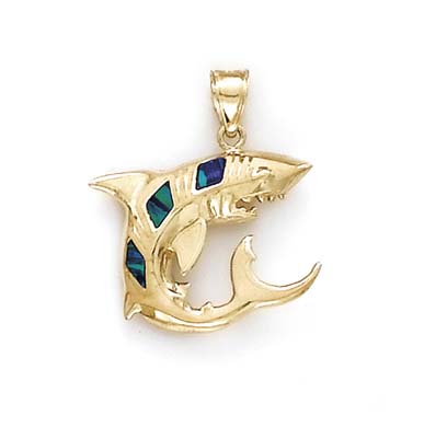 
14k Gold Shark Simulated Opal Inlay Pendant
