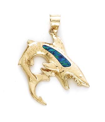 
14k Gold Shark Simulated Opal Inlay Pendant
