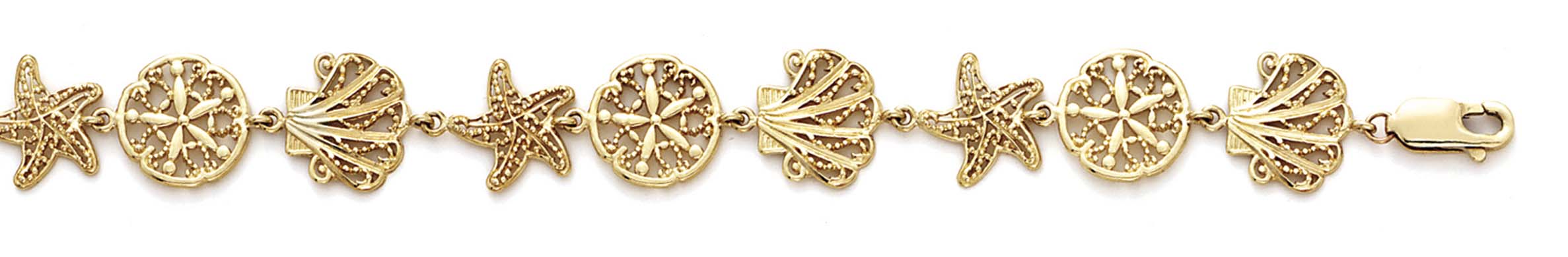 
14k Yellow Gold Filigree Shell StarFish Sanddollar Bracelet - 7.25 Inch
