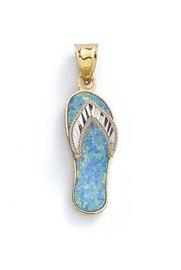 
14k Two-Tone Gold Sparkle-Cut Light Blue Simulated Opal Flip-Flop Pendant
