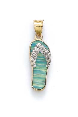 
14k Two-Tone Gold Light Blue Simulated Opal Flip-Flop and Diamond Pendant
