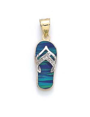 
14k Two-Tone Gold Dark Green Simulated Opal Flip-Flop and Diamond Pendant
