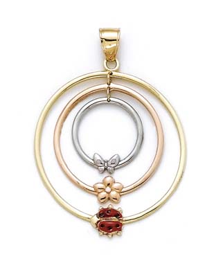 
14k Tricolor Gold 3-Color Butterfly Flower Ladybug Circle Pendant
