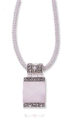 
Sterling Silver Marcasite Pink Shell Slide Pendant 18I Italian Mesh Chain
