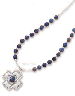 
Sterling Silver 16 In. LS Necklace With Denim Lapis Beads Southwest Cross
