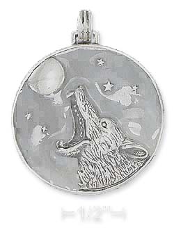 
Sterling Silver 32mm Enameled Disk Howling Coyote Moon Stars
