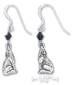 
Sterling Silver Antiqued Wolf Earrings Black Crystal Xtal
