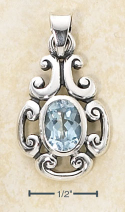 
Sterling Silver Scroll Design Oval Blue Topaz Stone Pendant
