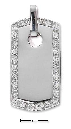 
Sterling Silver Large High Polish Dog Tag Pendant Cubic Zirconia Border
