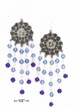 
Sterling Silver Flat Floral Disk Earrings 5 strands Of Lt Dark Blue Xtl
