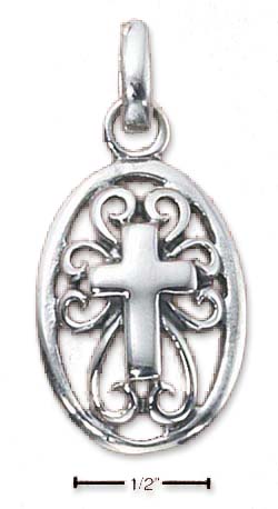 
Sterling Silver Oval Cross Filigree Latticework Edge Charm
