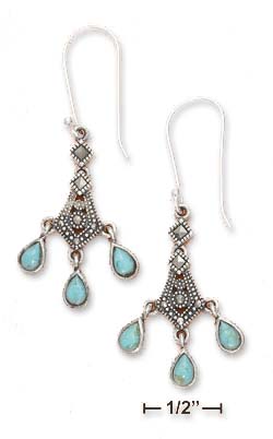 
Sterling Silver Chandelier Marcasite Triple Simulated Turquoise Teardrop Earrings
