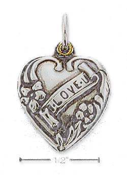 
Sterling Silver Antiqued Heart With I Love U Banner Charm
