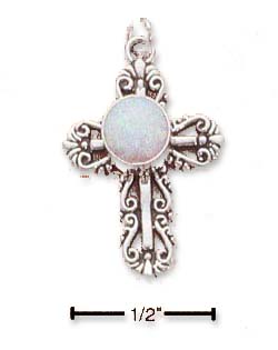 
Sterling Silver Fancy Filigree Simulated Opal Cross Charm
