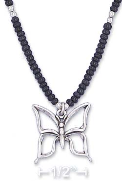 
Sterling Silver 16 Inch Choker Black Pony Bead Butterfly Pendant
