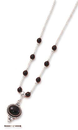 
Sterling Silver 16 Inch Simulated Onyx Cabochon Eight Onyx Beads Necklace
