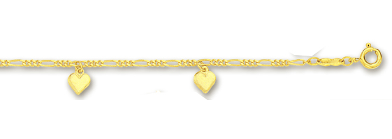 
14k Yellow Drop Solid Heart Station Anklet - 10 Inch
