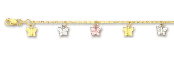 
14k Tricolor Drop Butterfly Station Anklet - 10 Inch
