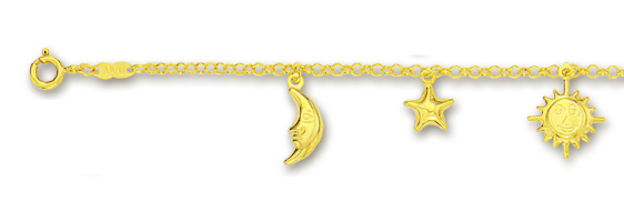 
14k Yellow Drop Moon Star and Sun Anklet - 10 Inch
