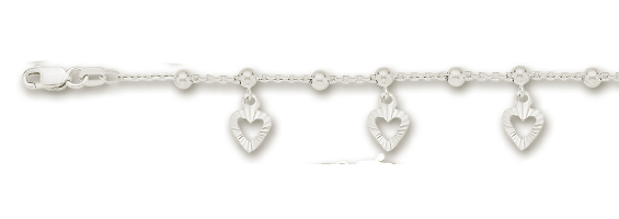 
14k White Drop Open Heart Station Anklet - 10 Inch
