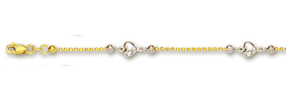 
14k Two-Tone Beads and Puffed Heart Station Anklet - 10 Inch
