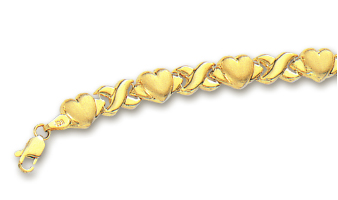 
14k Yellow Hugs and Kisses Heart Bracelet - 7 Inch
