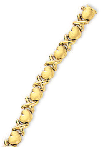 
14k Yellow Hugs and Kisses Matt Heart Bracelet - 7 Inch
