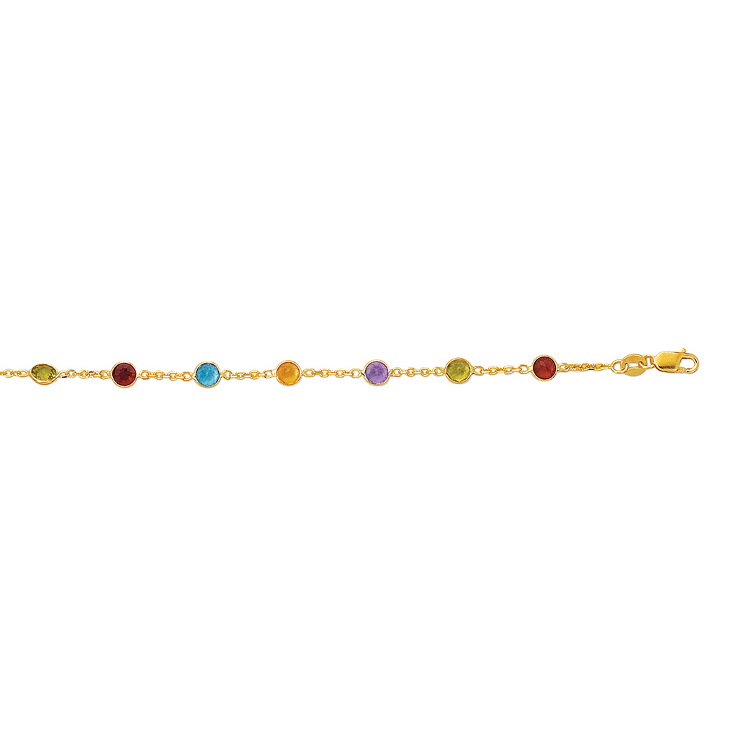 
14k Yellow Gold 1.1mm Cable Chain Alternate Rnd Faceted 5 Color Stone Lobster Clasp Anklet - 10 Inch
