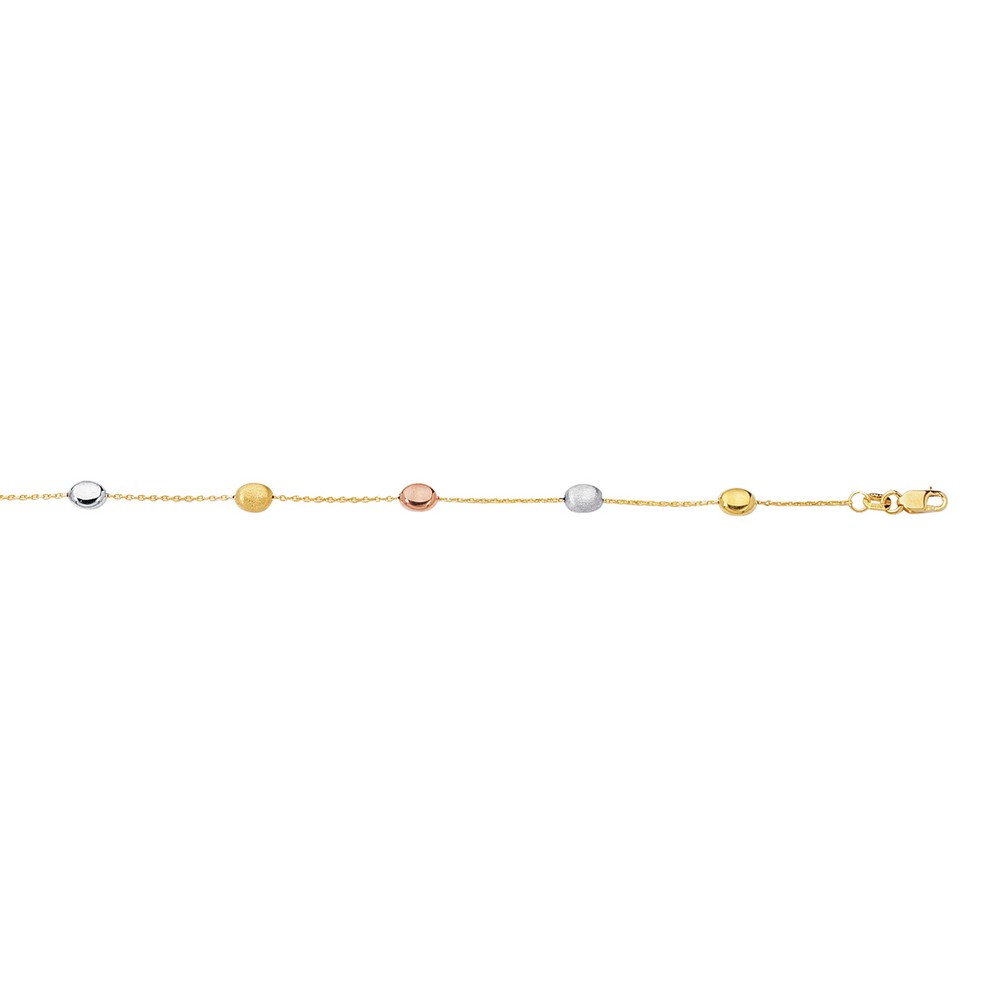 
14k Yellow White Rose Gold Cable Chain Tri-color Pebble Adjustable Anklet Lobster Clasp - 10 Inch
