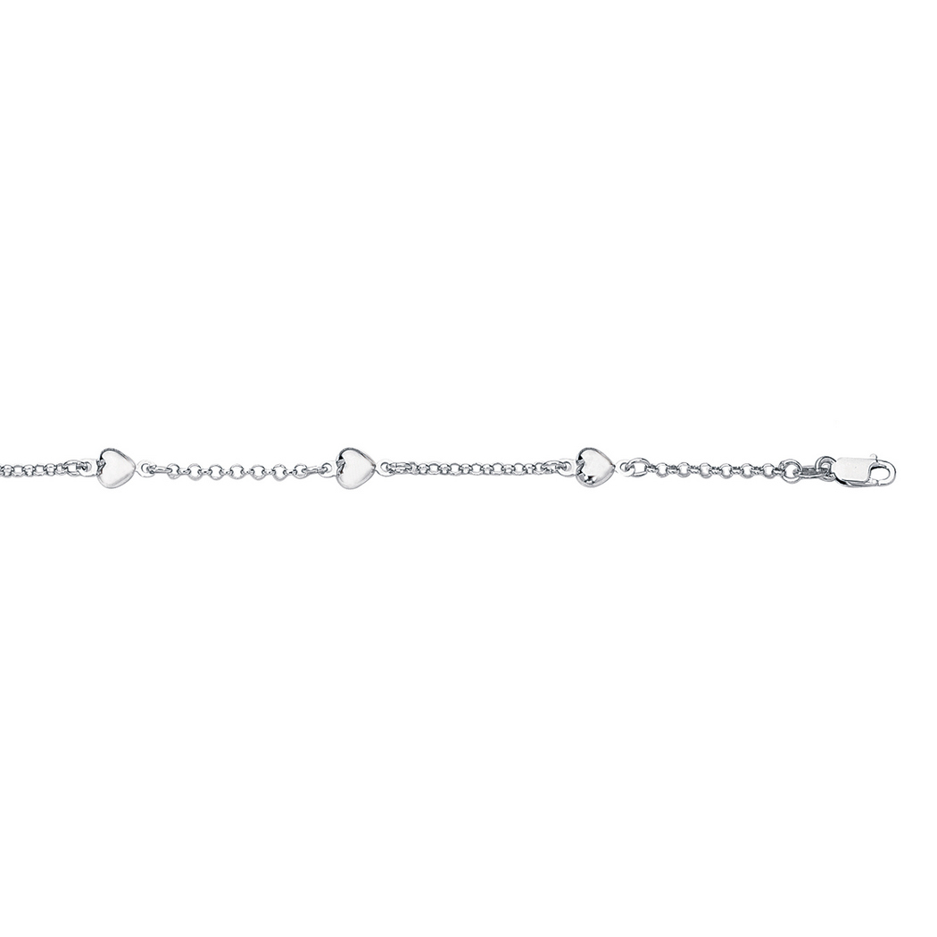 
14k White Gold Shiny Rolo Chain Link Puffed Heart Adjustable Anklet With Lobster Clasp - 10 Inch
